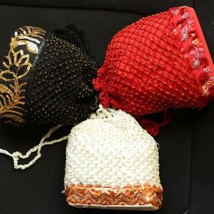 3 NWT LINED CROCHET SEQUIN HANDMADE POTLI  BAGS